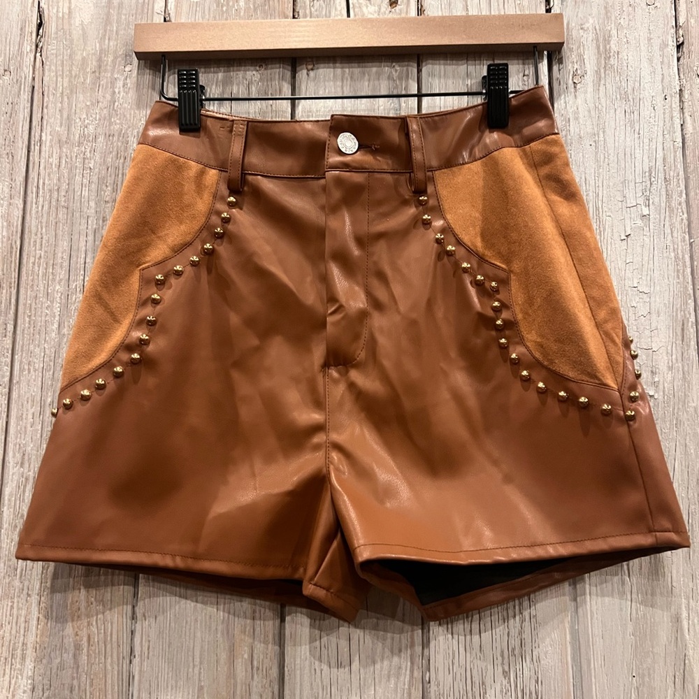 High Waist Brown Leather Shorts with Studded Detail